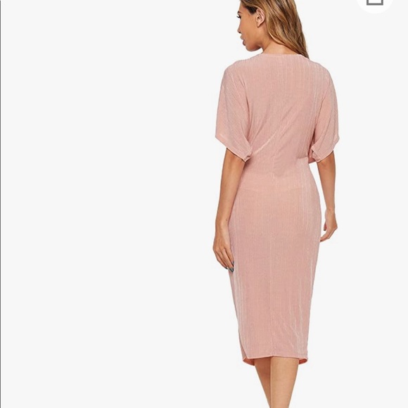 Short Sleeve V Neck Twist Front Split Midi Dress - Picture 4 of 7